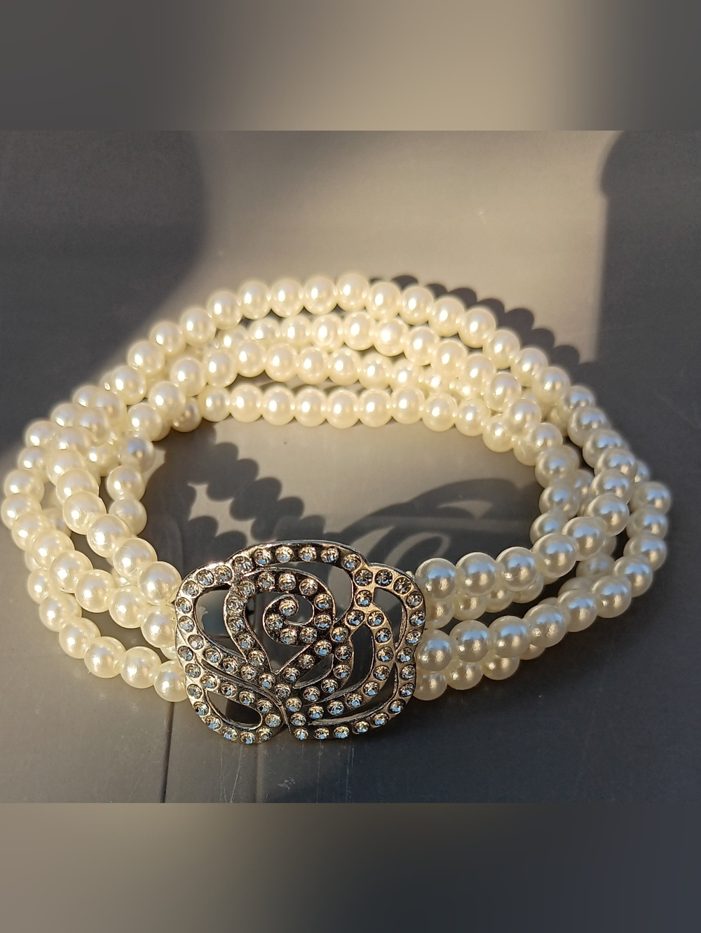 Pearl Multi-Strand Bracelet with Rhinestone Floral Accent On Top